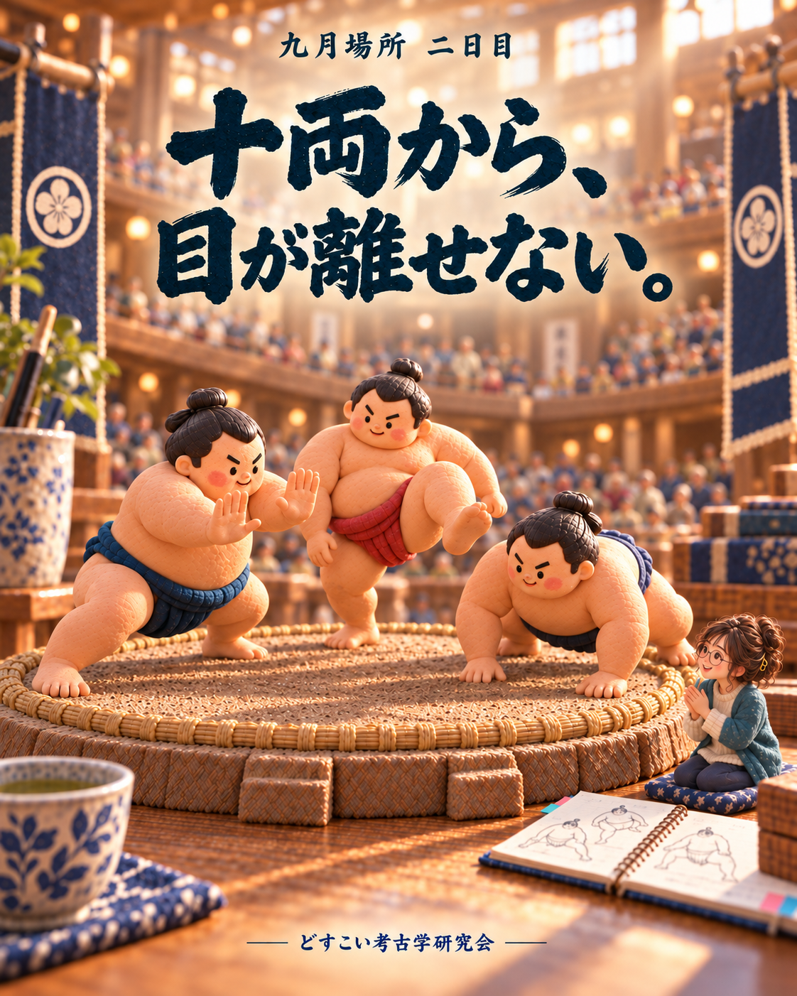 ミニチュア力士の稽古を小さな筆者が拍手して応援
