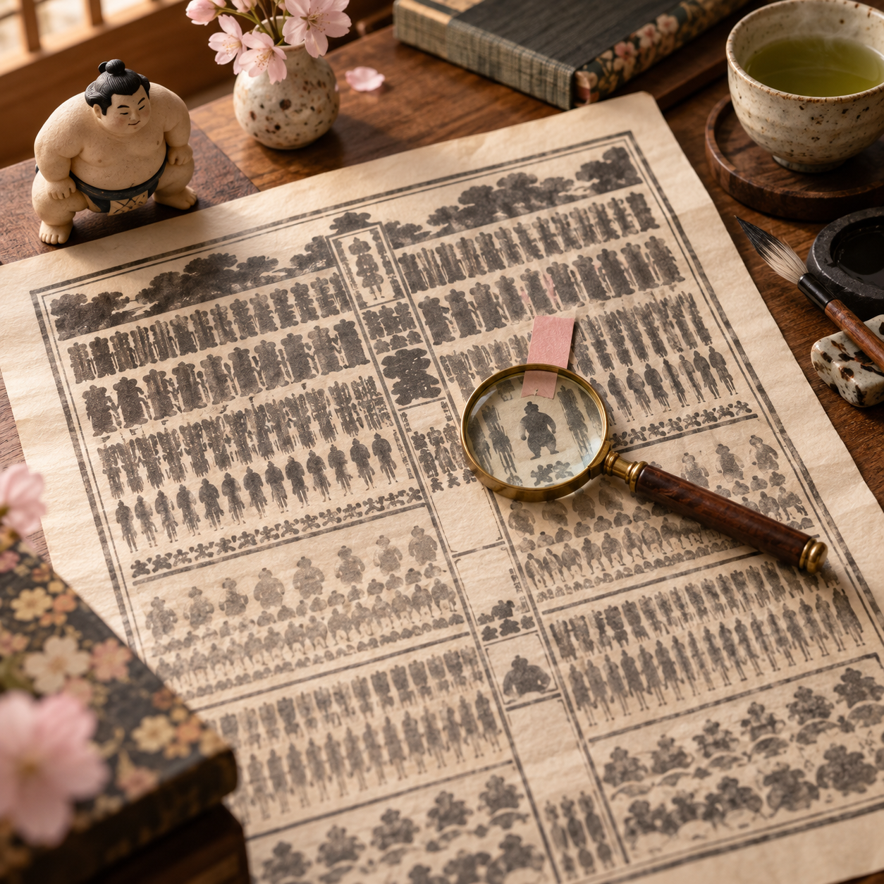 座席で番付を見るなら3か所だけ｜東西・地位・四股名の読み方をイメージした創作画像。