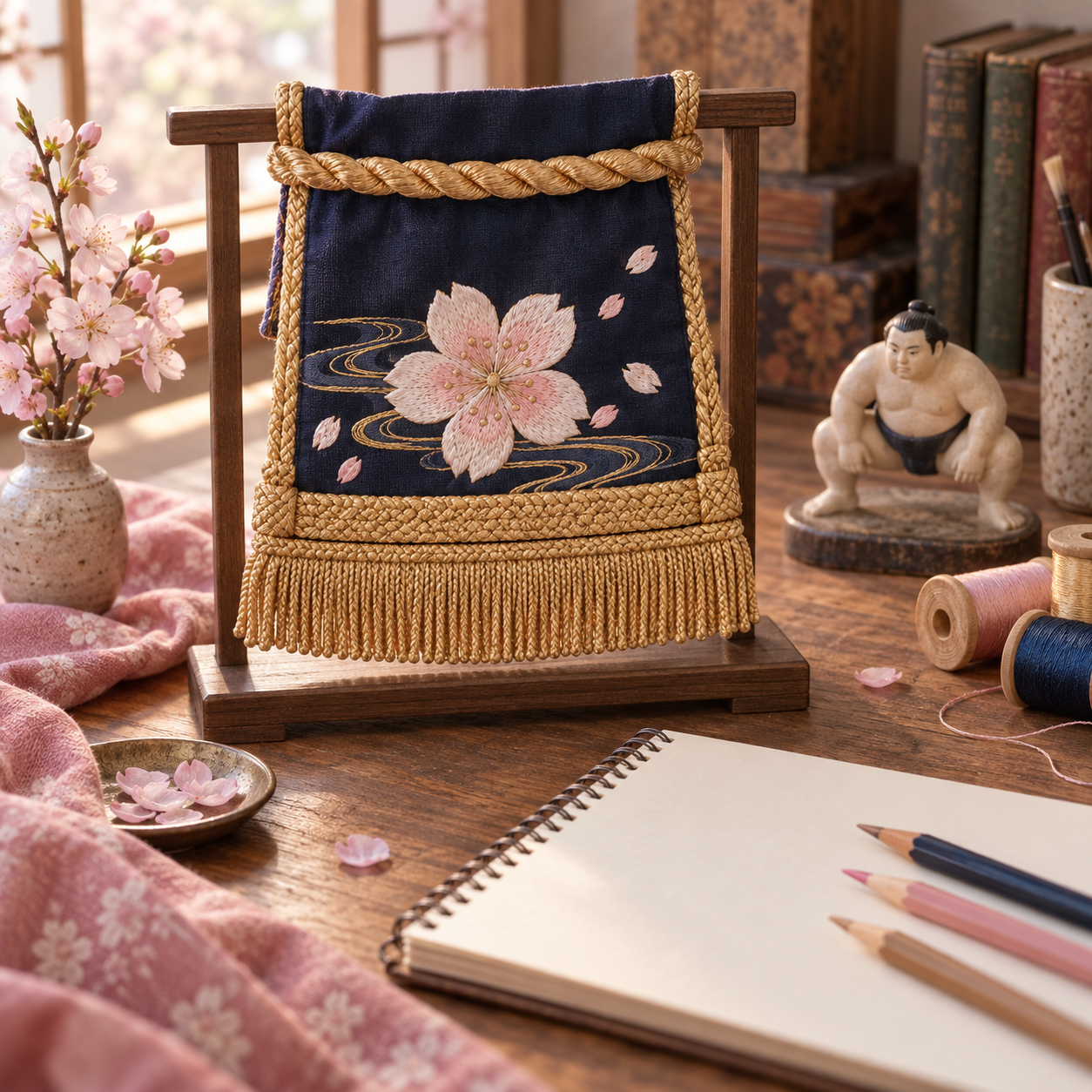 化粧まわしは何を見る？土俵入りの刺繍と下端の馬簾をイメージした創作画像。