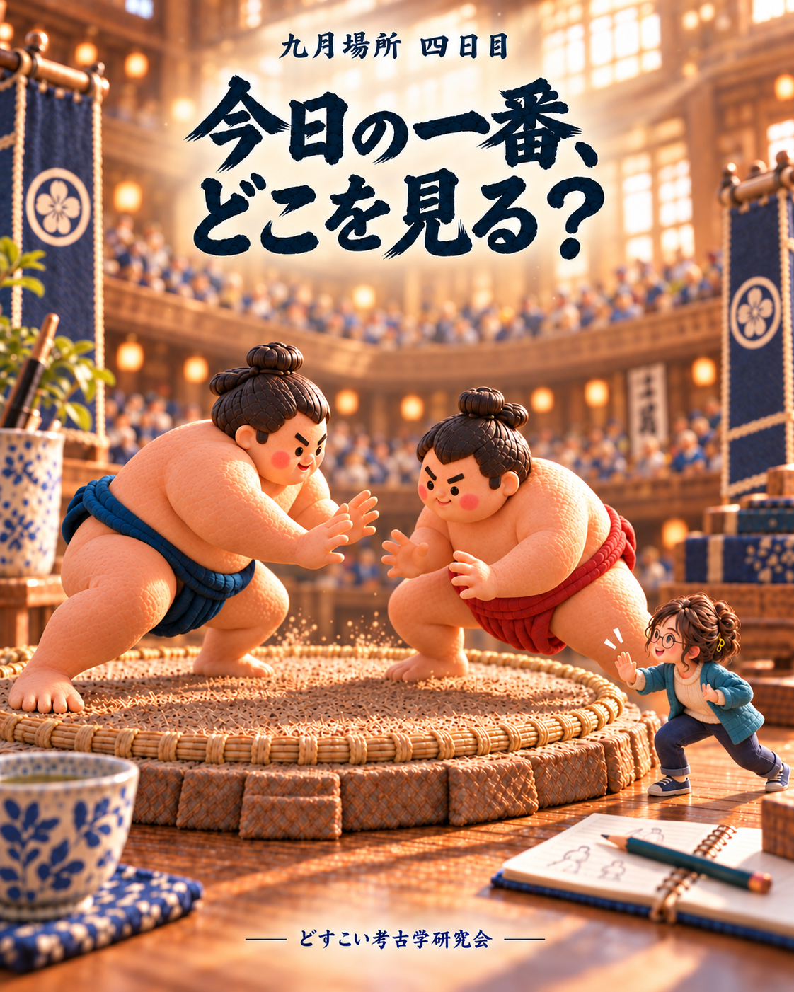 九月場所四日目。土俵で向き合うミニチュア力士と、土俵下で楽しそうに突っ張りをまねる小さな筆者。