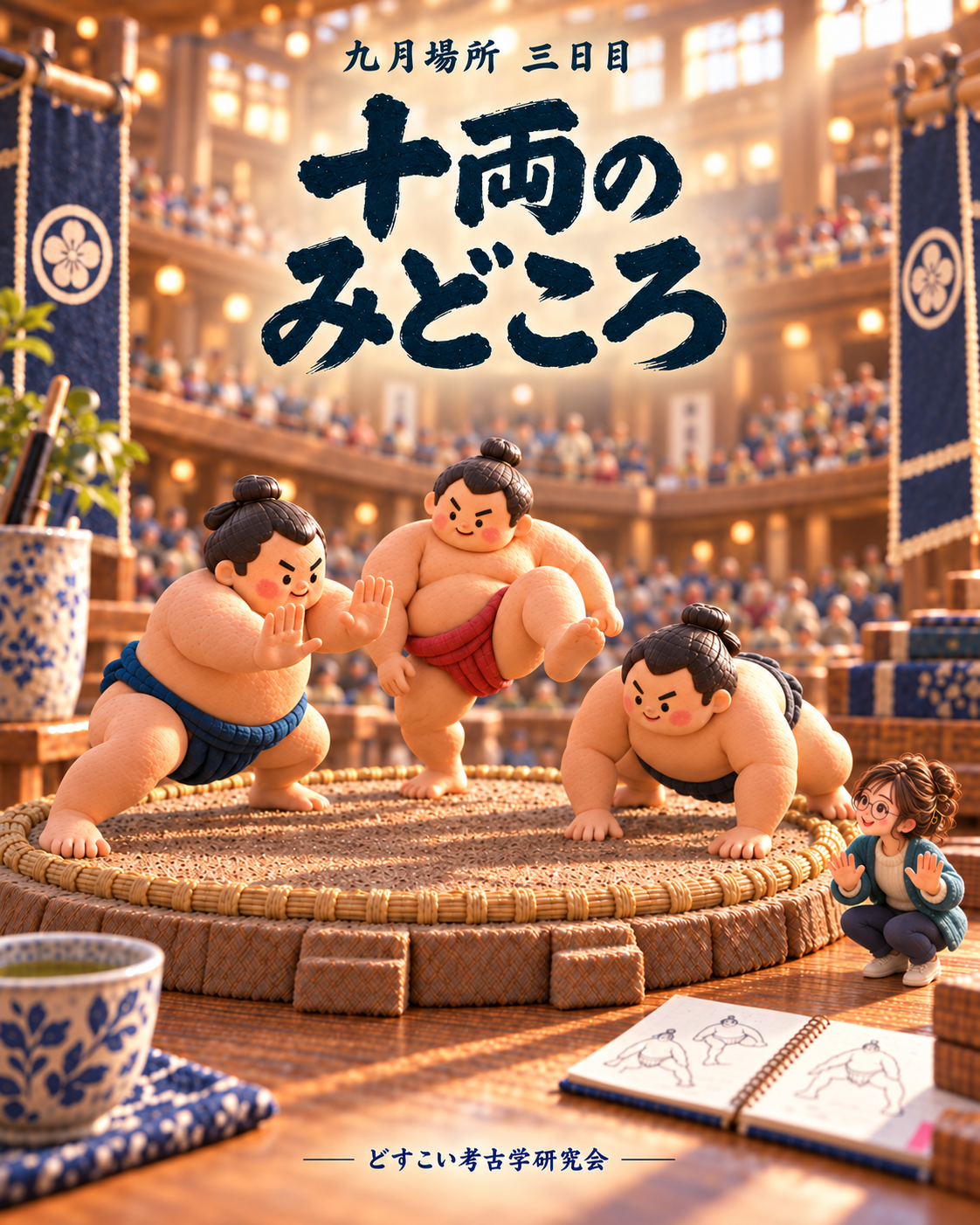 九月場所三日目、十両の見どころを伝えるミニチュア力士たち