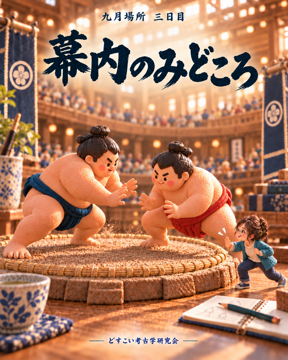 九月場所三日目。向かい合うミニチュア力士と、土俵下で突っ張りをまねる小さな筆者。