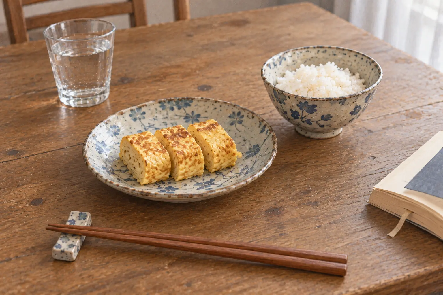 卵焼き、ごはん茶碗、コップ、読みかけの本が並ぶ昼の食卓を、食べる人の目線から描いたイラスト。