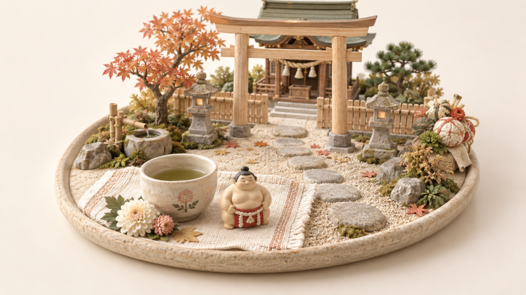 相撲遠征で櫛田神社へをイメージした、柔らかな色合いのミニチュア表紙