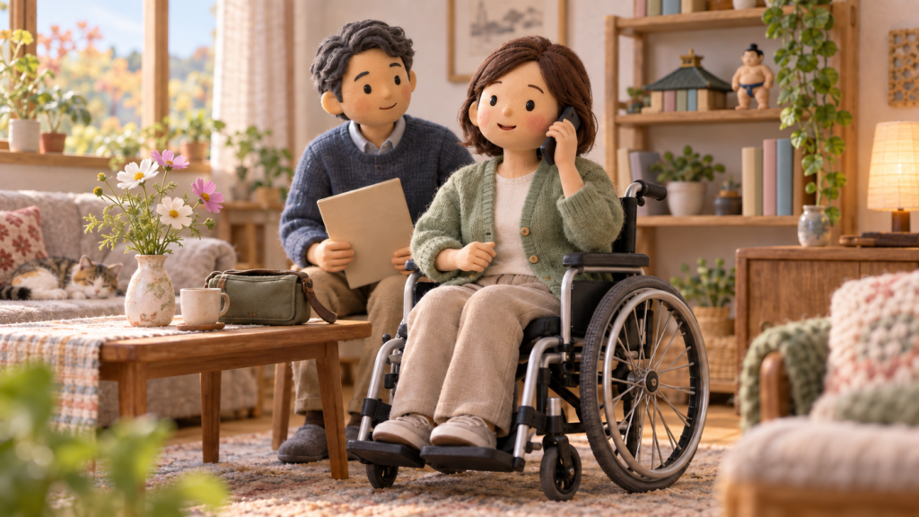 車いすで九月場所へ行く前に、先に確認することをイメージした、柔らかな色合いのミニチュア表紙