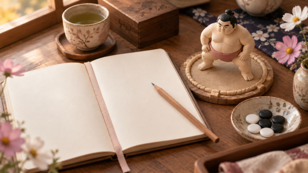 一人の力士を15日追うメモをイメージした、柔らかな色合いのミニチュア表紙