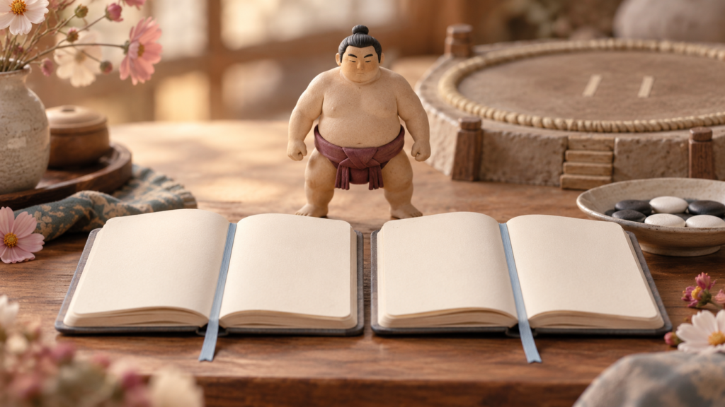 大関とはどんな地位？横綱の下、関脇の上を二場所で読むをイメージした、柔らかな色合いのミニチュア表紙