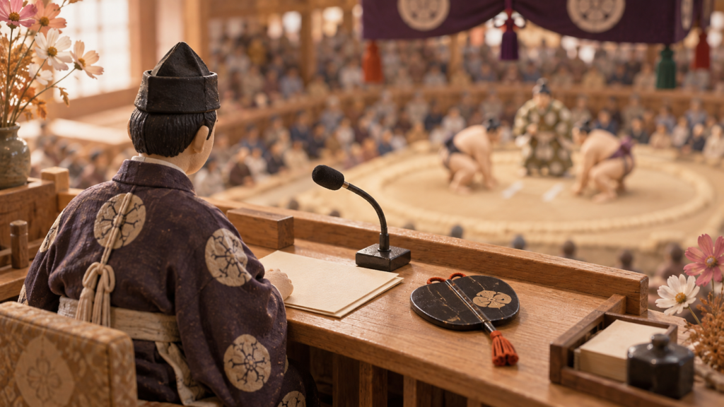 大相撲の場内放送は誰の声？行司と呼出と実況を聞き分けるをイメージした、柔らかな色合いのミニチュア表紙