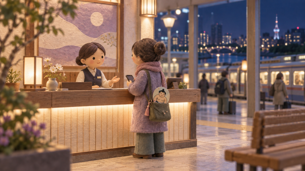相撲遠征で終電・最終バスに乗り遅れたらをイメージした、柔らかな色合いのミニチュア表紙