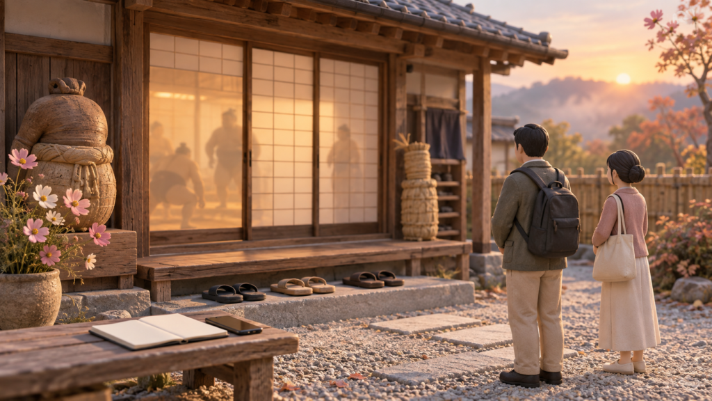 相撲部屋の朝稽古は見学できる？勝手に行かないための確認順をイメージした、柔らかな色合いのミニチュア表紙
