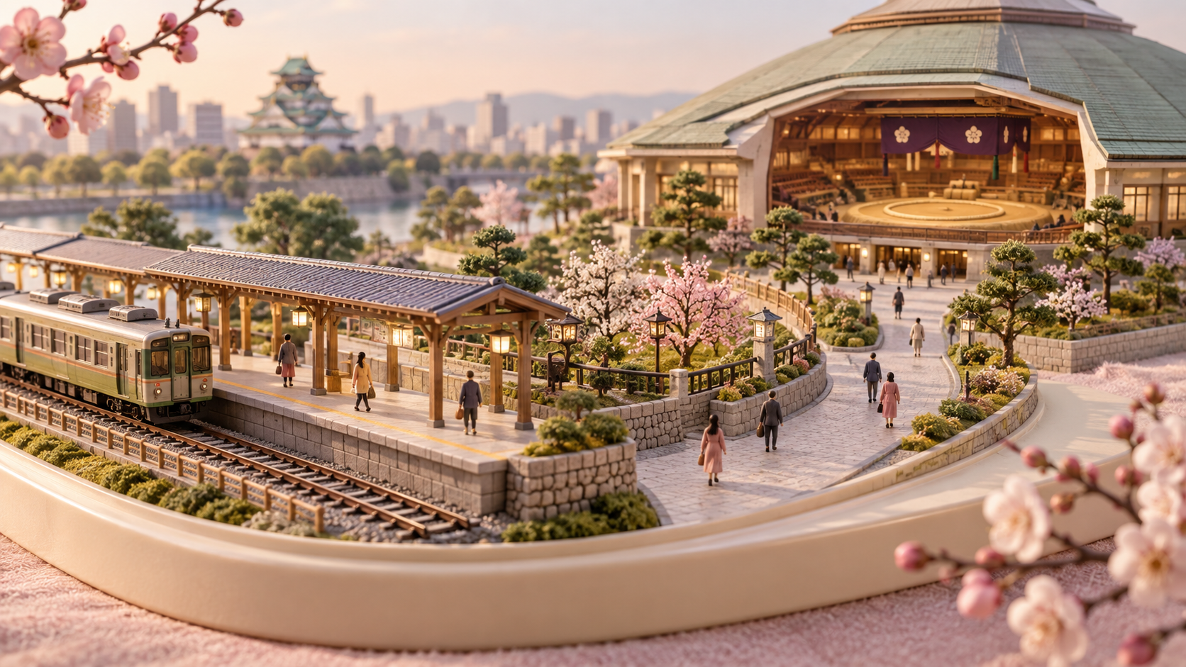A miniature morning journey from a station surrounded by plum blossoms to a sumo venue; not an actual route map.