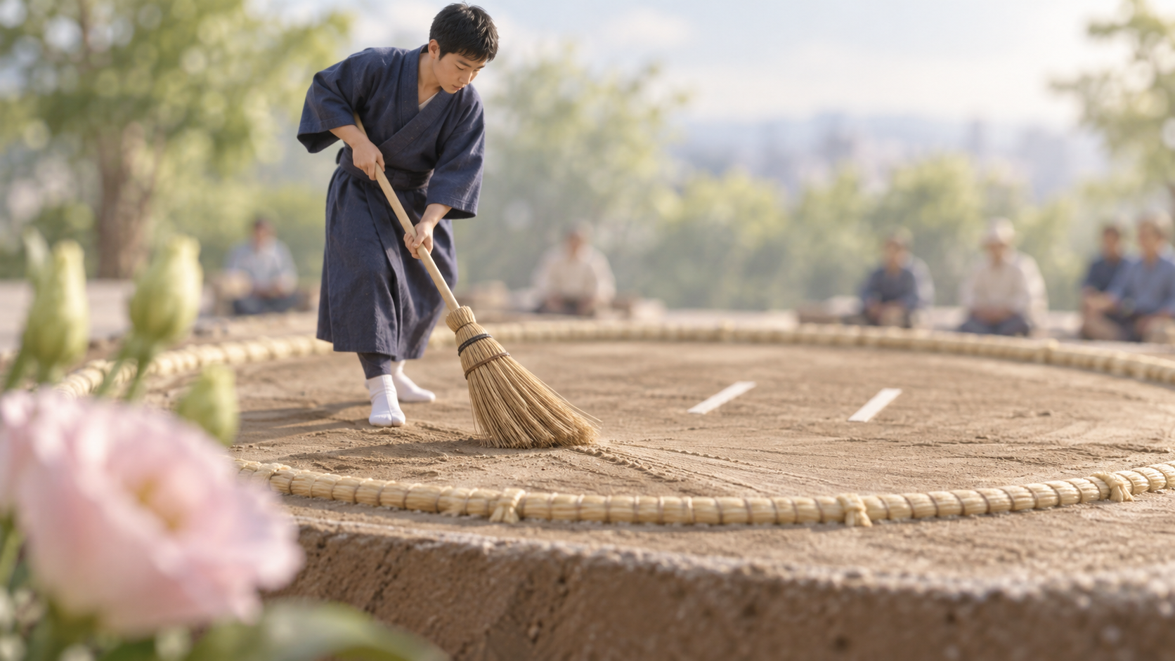 A miniature yobidashi sweeping the dohyo in the quiet morning arena.