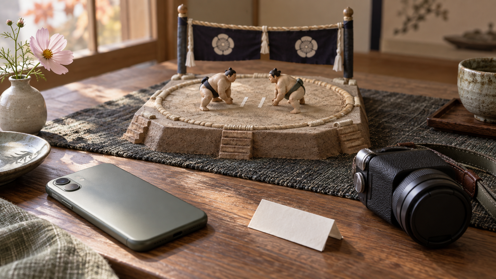 A face-down smartphone and a camera, with miniature wrestlers and a dohyo behind them, illustrating filming and streaming rules.