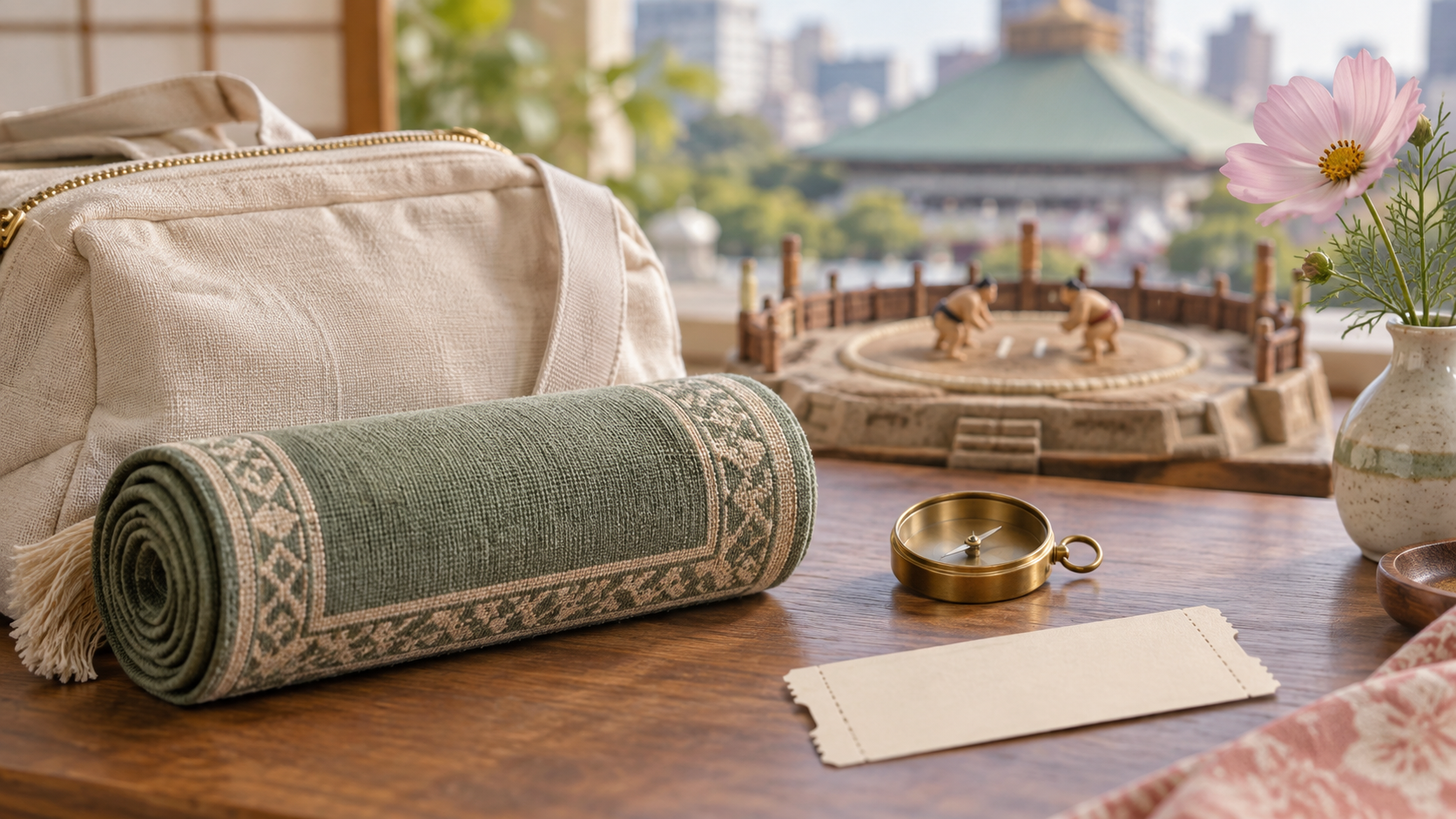 A prayer mat, compass and travel bag prepared before a sumo visit; not a depiction of a prayer room at the venue.