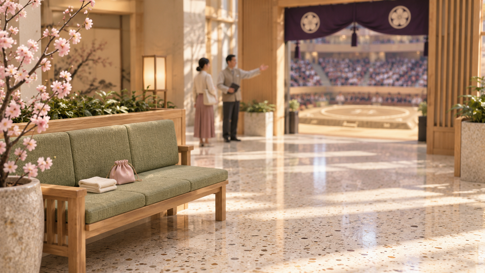 A miniature bench and a spectator asking a staff member for directions; not the actual Osaka arena layout.