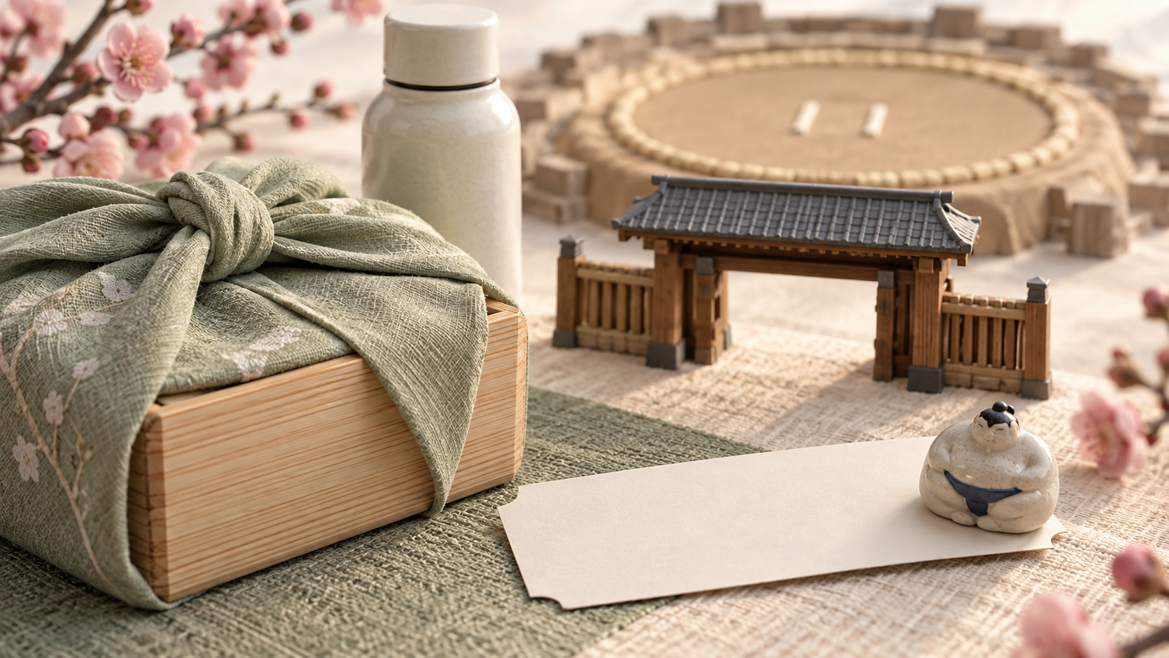 A wrapped bento, water bottle, ticket and miniature gate, illustrating meal and re-entry planning for Osaka sumo.