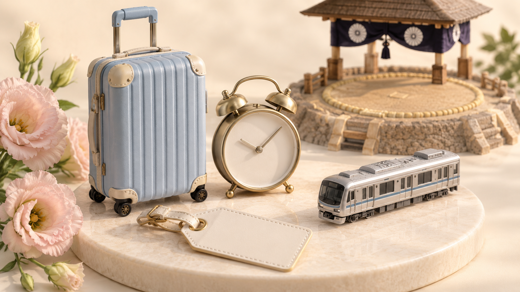 A suitcase, clock, luggage tag and miniature train and dohyo, illustrating luggage collection and the journey home.