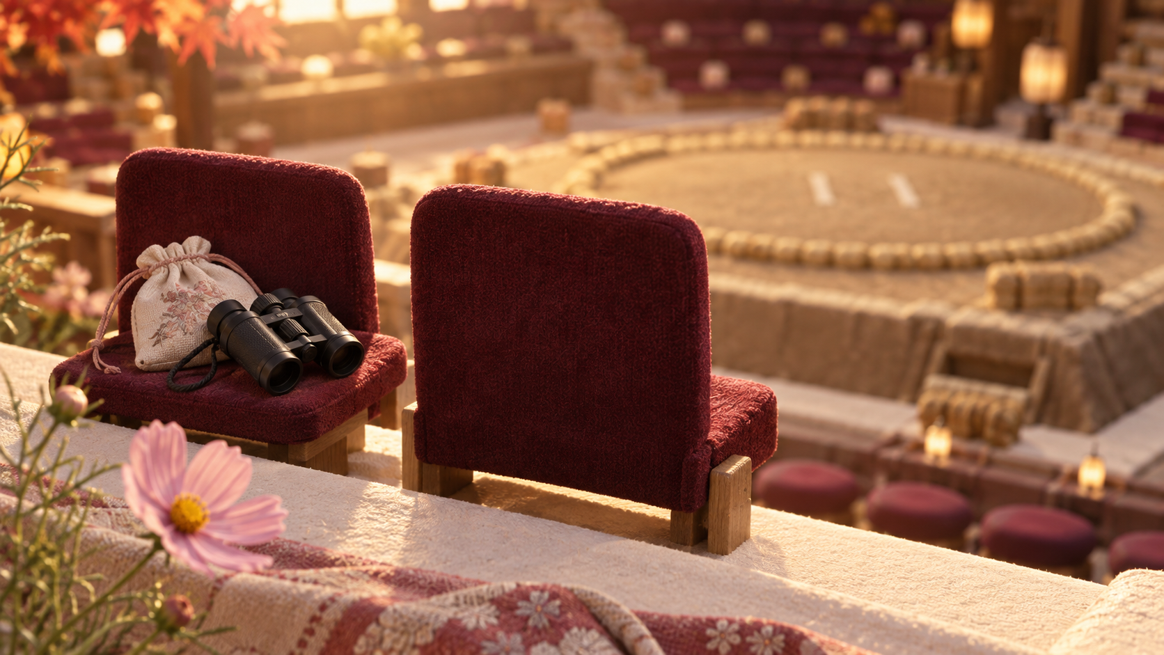 Binoculars and a small drawstring bag at a spectator seat, with cosmos flowers and a miniature dohyo, illustrating a lost-property check.