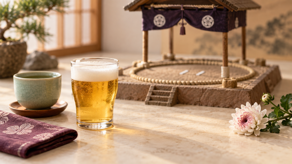 ビールと湯のみ、秋の菊、土俵模型をカウンターに並べた国技館の飲食案内のイメージ。