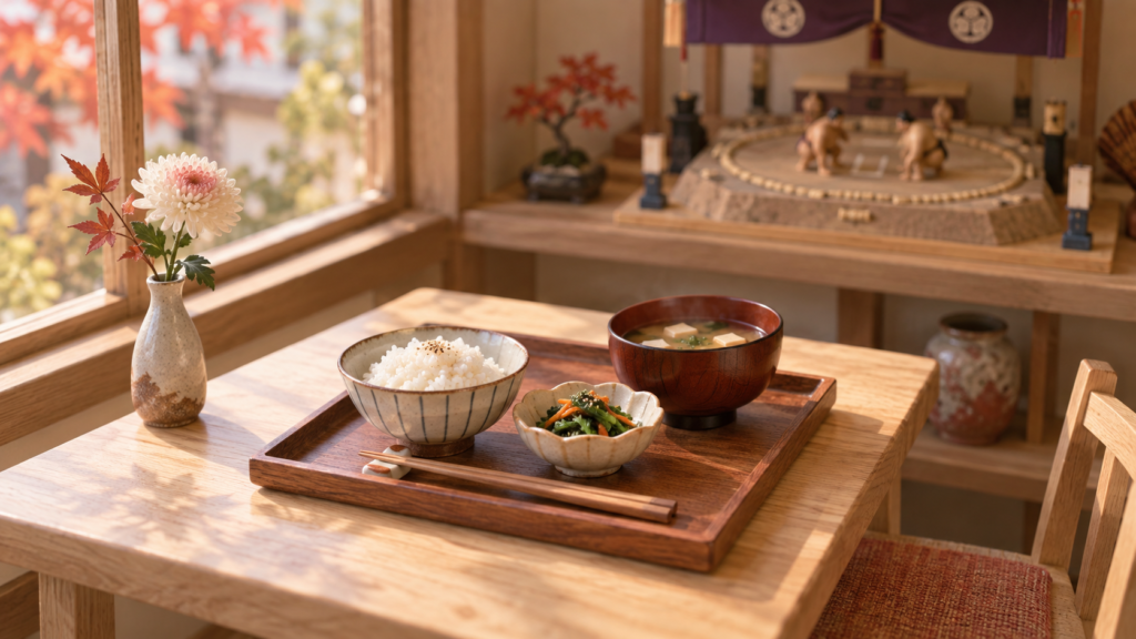 秋の菊を飾った小さな食卓と土俵模型で、福岡場所の観戦前に食事を済ませる計画を表したイメージ。