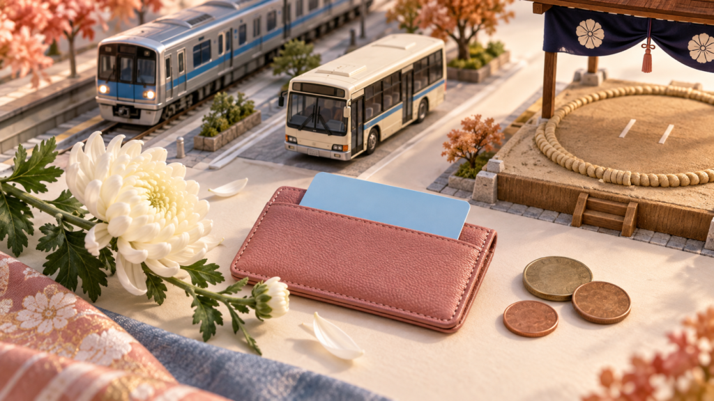 電車とバスの小さな模型、交通カード用の財布と硬貨、土俵模型で福岡場所への旅行準備を表したイメージ。