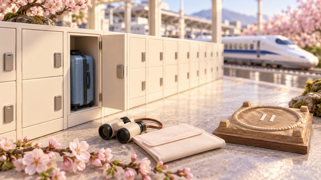 新幹線とロッカーの模型、双眼鏡、小さな土俵と春の花で、新大阪で荷物を預ける観戦準備を表したイメージ。