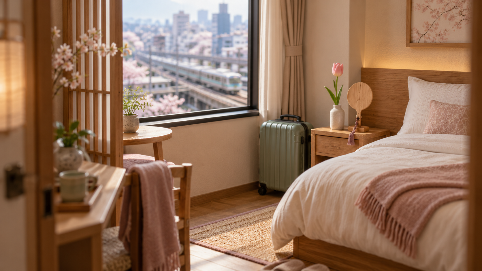 A small guest room in spring light, with a suitcase and a gunbai ornament, illustrating an overnight stay around Osaka sumo.