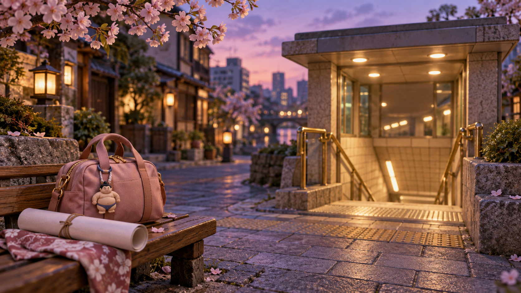A station entrance at spring dusk and a spectator bag with a small sumo ornament, illustrating the journey home from Osaka sumo.