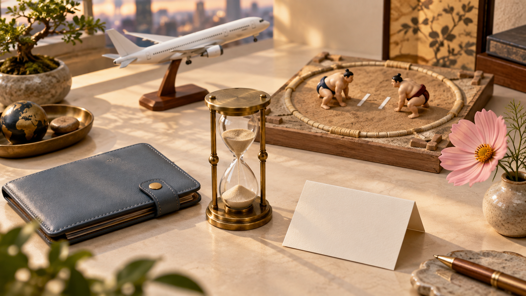 An hourglass, travel notebook and miniature aircraft and dohyo, illustrating time to allow before a flight after sumo.