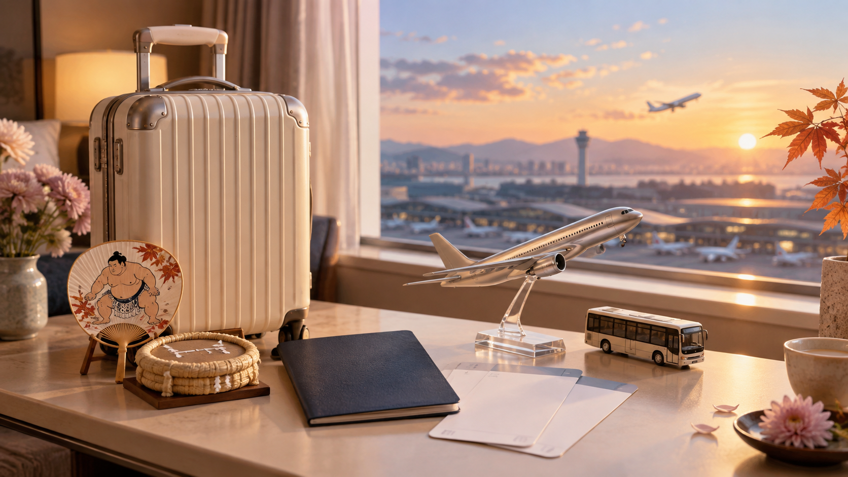 A suitcase, miniature aircraft and shuttle bus, and sumo souvenirs in morning light, illustrating departure preparations.