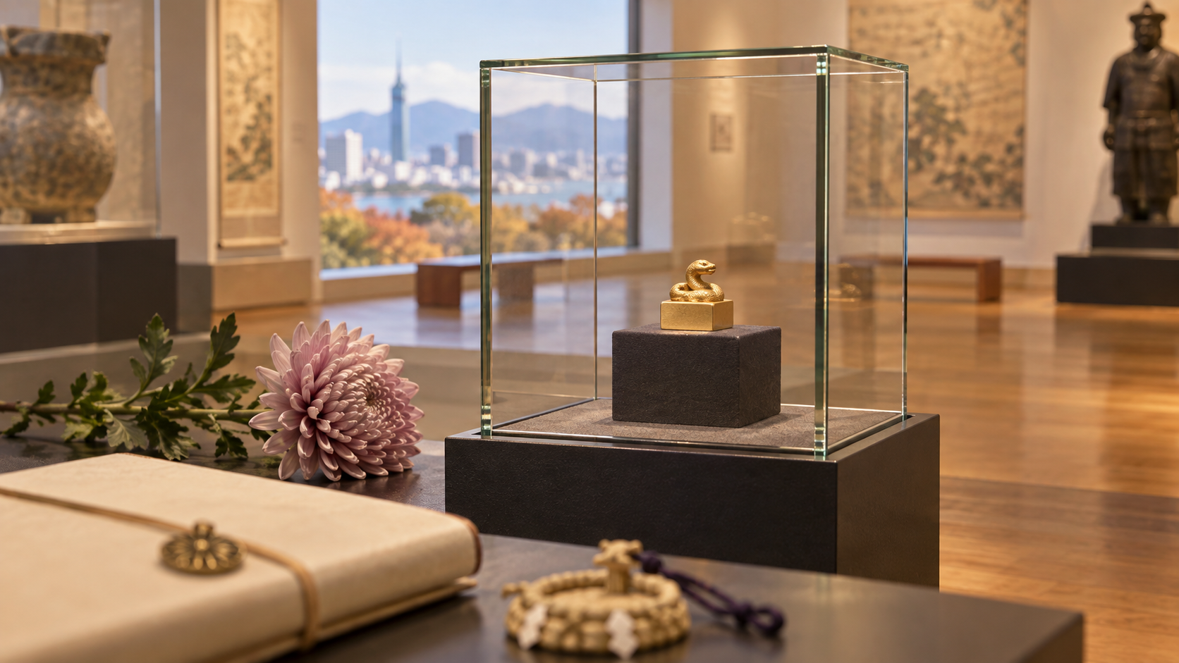 A small gold seal in a glass case, with a travel notebook and chrysanthemums, illustrating a museum visit.