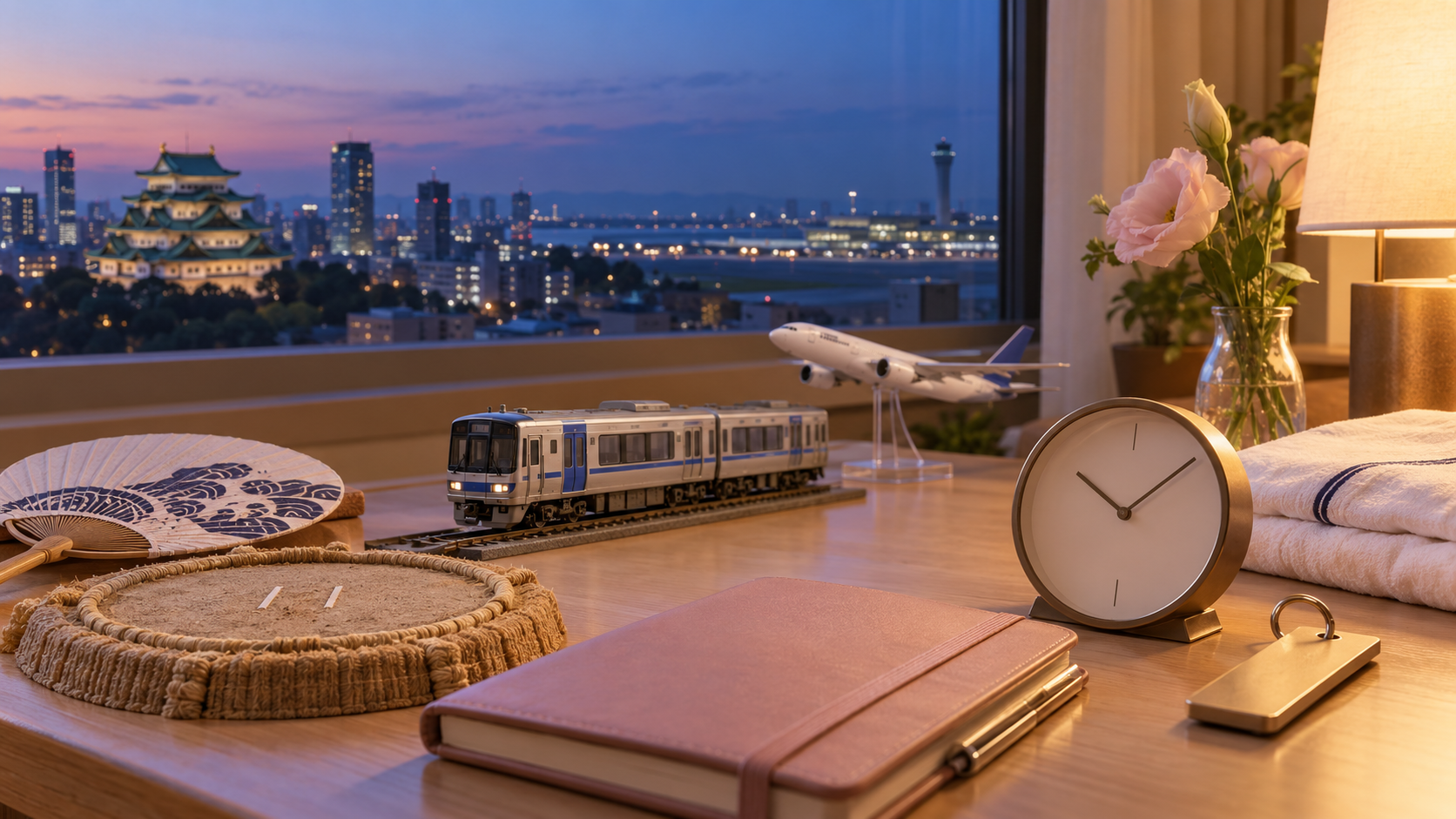 Miniature trains and an aircraft, a clock and hotel keys on a desk at dusk, illustrating the return journey after Nagoya sumo.