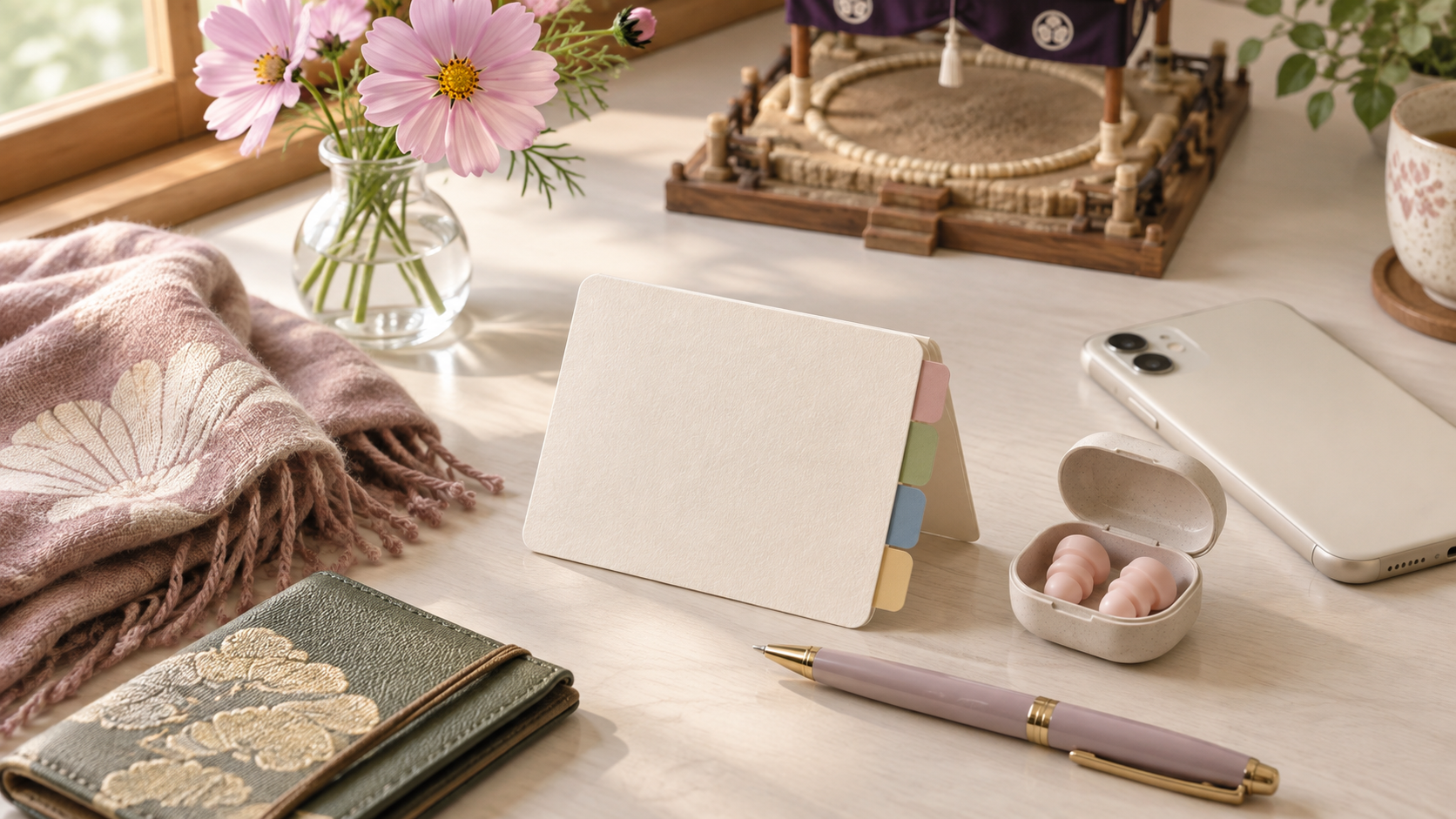 A blank card to show when taking a break, earplugs, a smartphone and a miniature dohyo on a preparation desk.