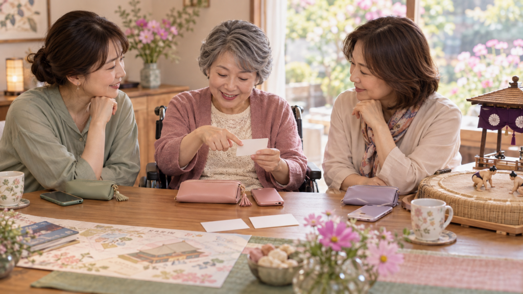 車いす利用者を中心に二人の付き添いが観戦準備を相談し、それぞれの小物を分けた場面