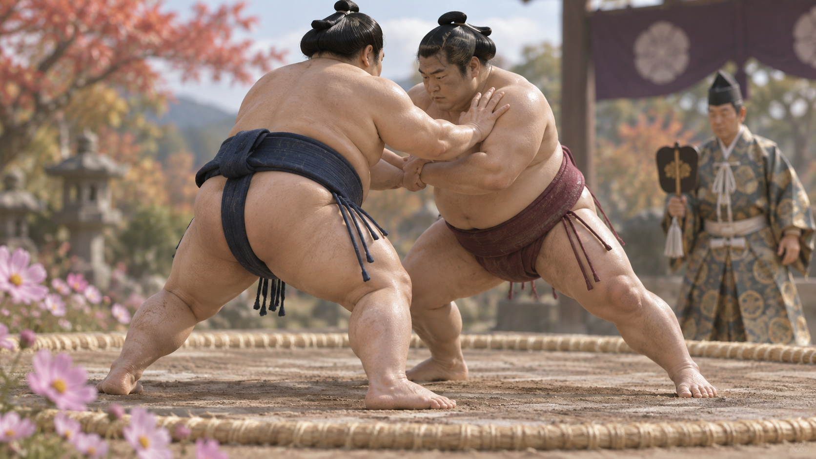 Two wrestlers pushing at the shoulder without touching the hair, with a gyoji watching behind them.