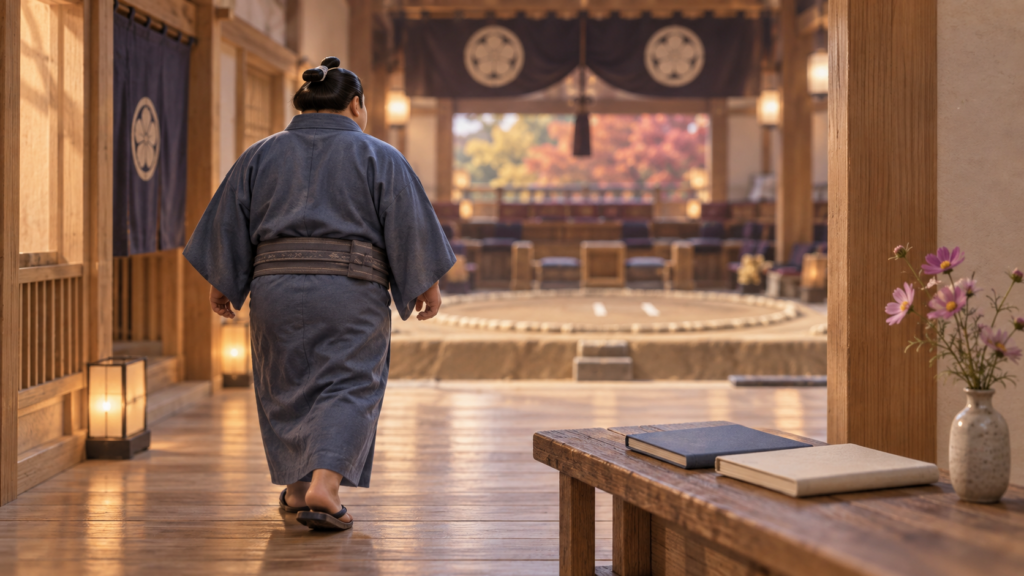 浴衣姿の力士模型が土俵へ戻る後ろ姿と二冊の帳面で表した大関復帰のイメージ