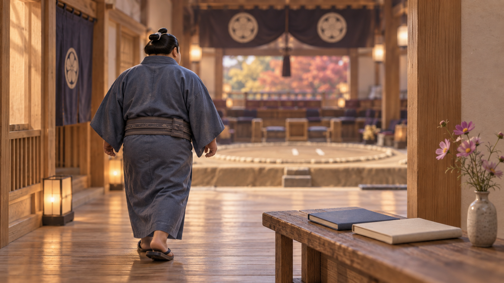 A miniature wrestler in a yukata walking back towards a dohyo, with two record books, illustrating a return to ozeki.