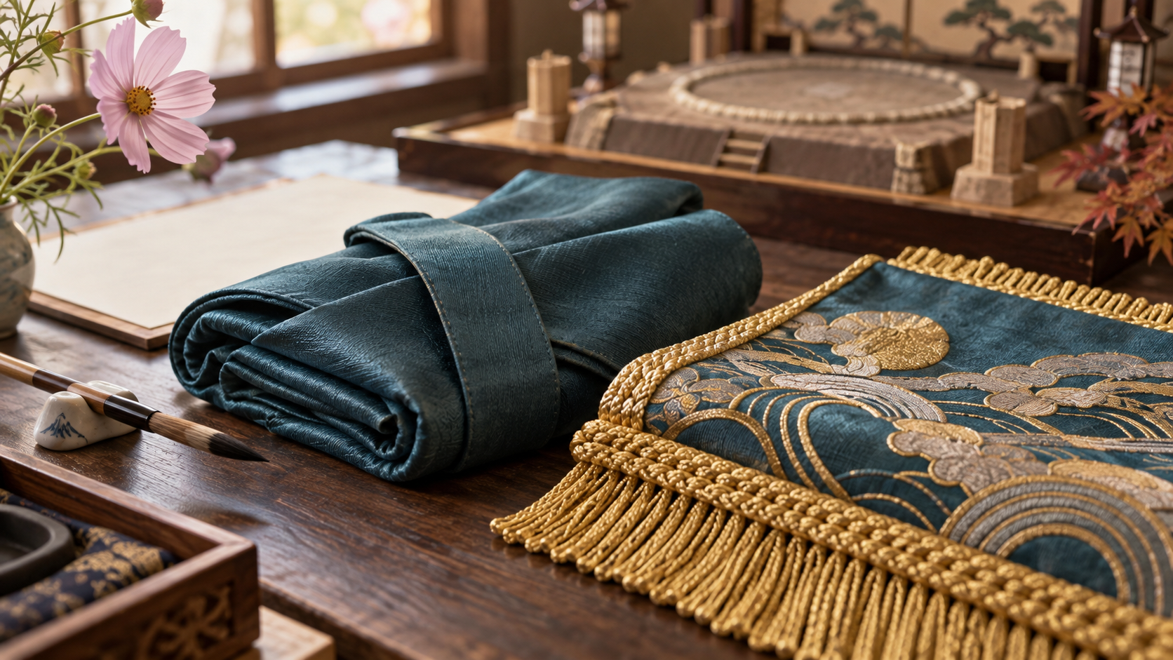 A competition mawashi, gold-embroidered kesho-mawashi, brush and blank paper, illustrating preparations for a juryo debut.