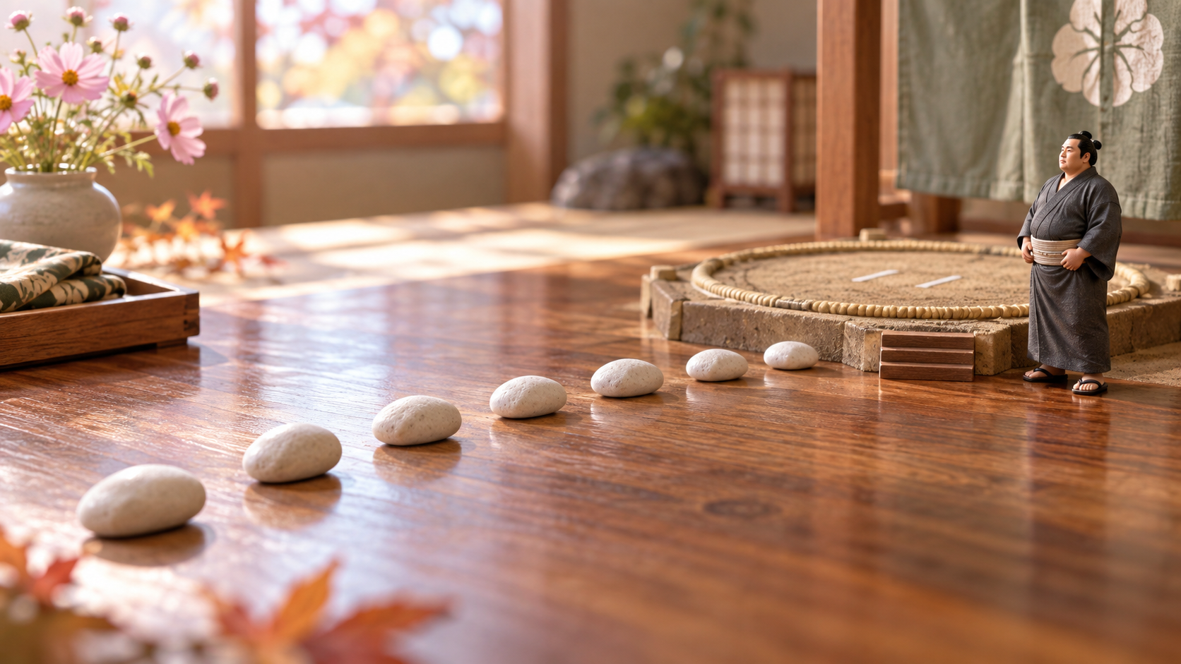 Seven white pebbles leading towards a miniature wrestler, illustrating the seven bouts in makushita and lower divisions.