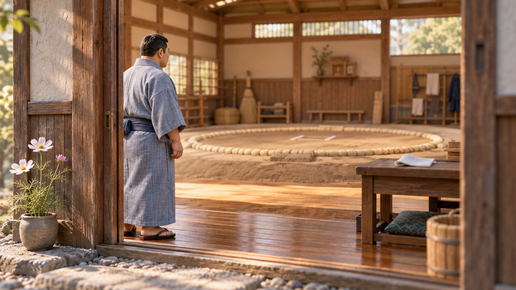 A short-haired miniature recruit at the entrance to a training room with a dohyo, illustrating the start in maezumo.
