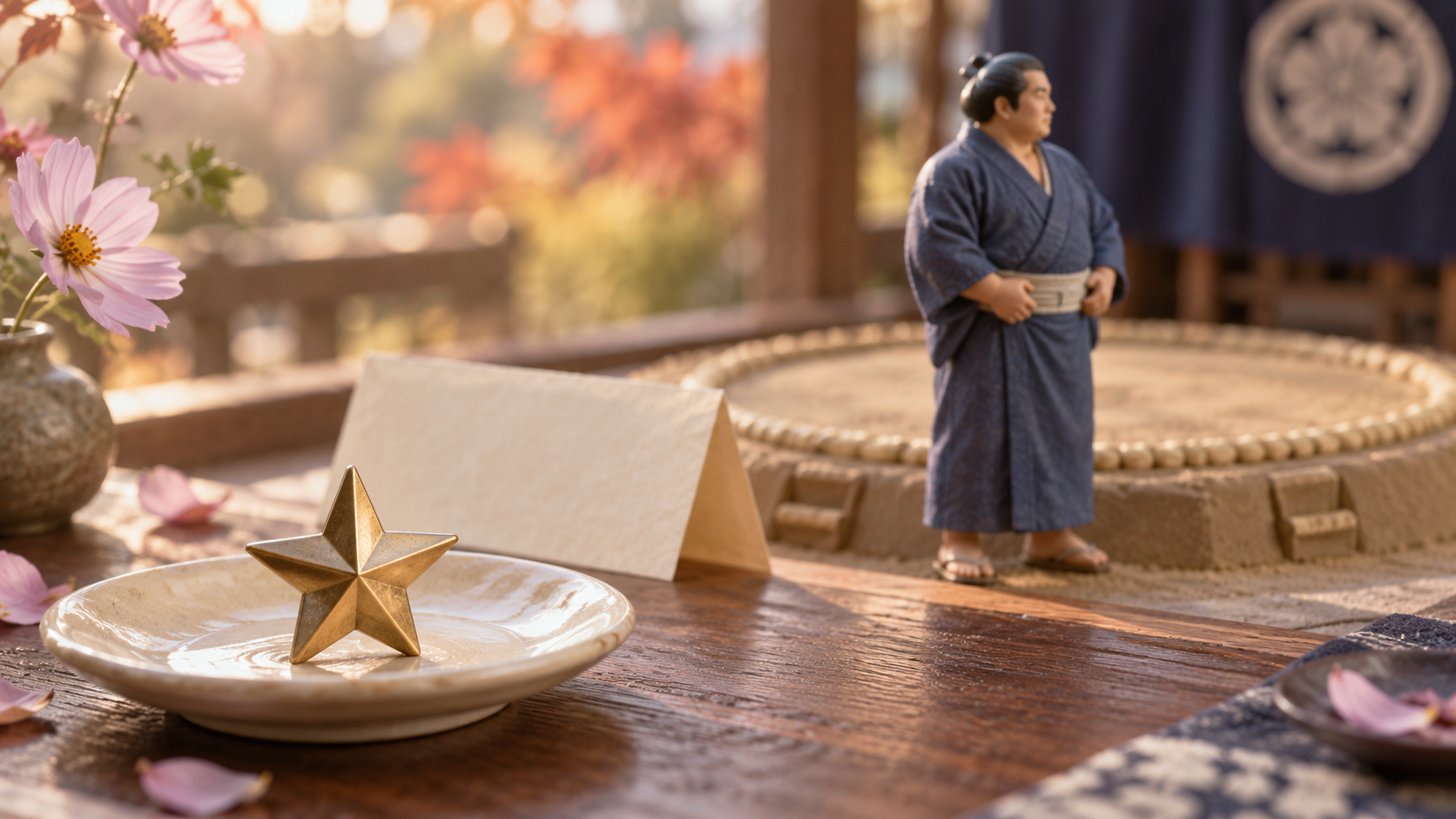 A golden star ornament and a miniature wrestler beside a dohyo, illustrating maegashira and kinboshi.