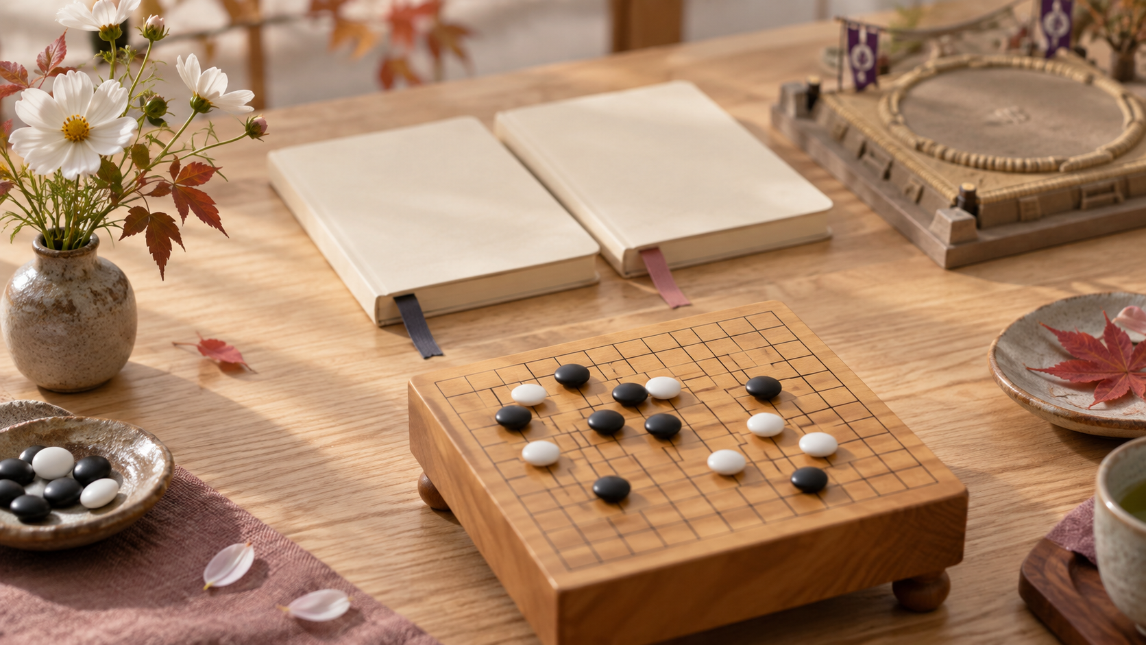 Go stones, two record books and a miniature dohyo, illustrating kadoban and records across two tournaments.