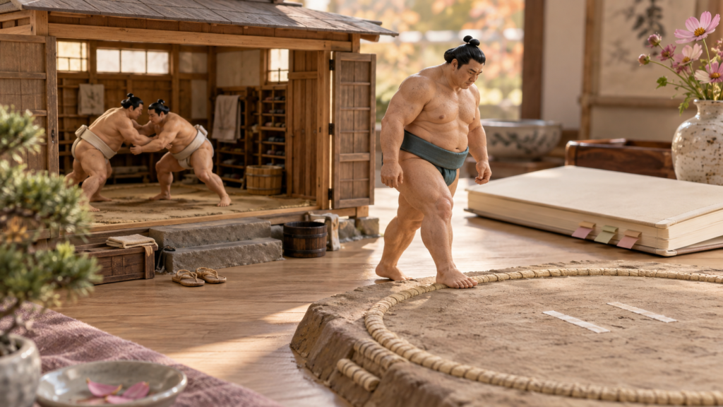 稽古場と観戦ノートのそばで土俵へ一歩を踏み出す力士のミニチュア