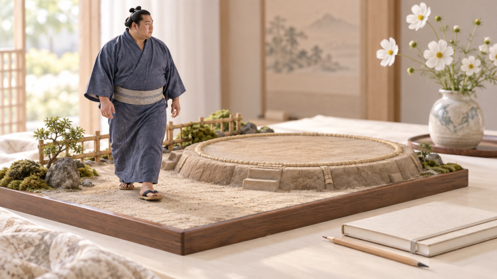 土俵のそばを歩く長身の力士模型と観戦ノート