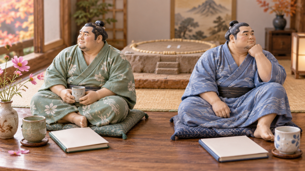 別々の観戦ノートを添えた、浴衣姿の二人の兄弟力士をイメージした模型