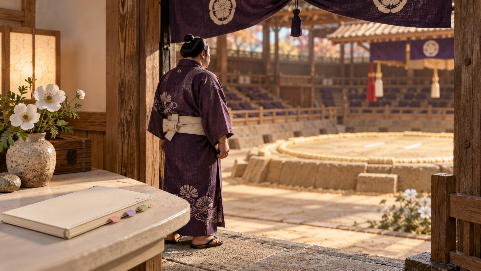 A miniature wrestler in a yukata looking towards a dohyo from the venue entrance, with a viewing notebook.