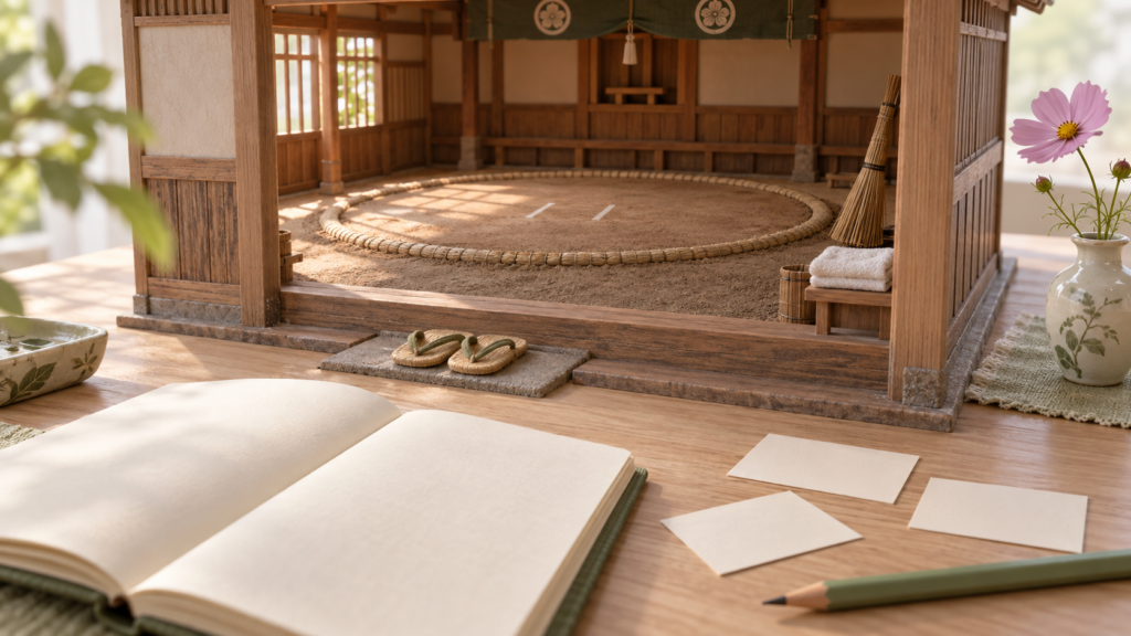 新弟子の歩みを記録する白紙のノートと、静かな相撲部屋の稽古場模型