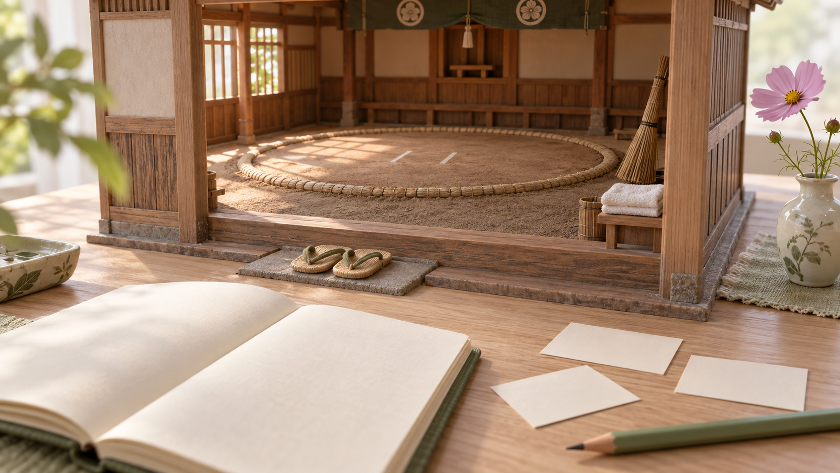 A blank notebook for following a new recruit, beside a miniature stable training room.