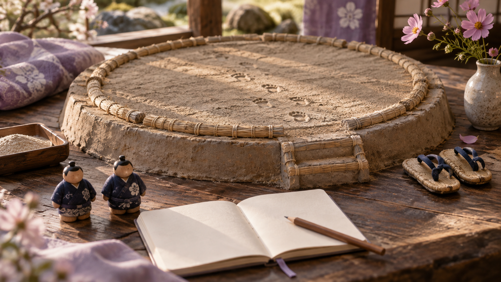 A miniature dohyo with footprints and a viewing notebook, illustrating the observation of footwork.
