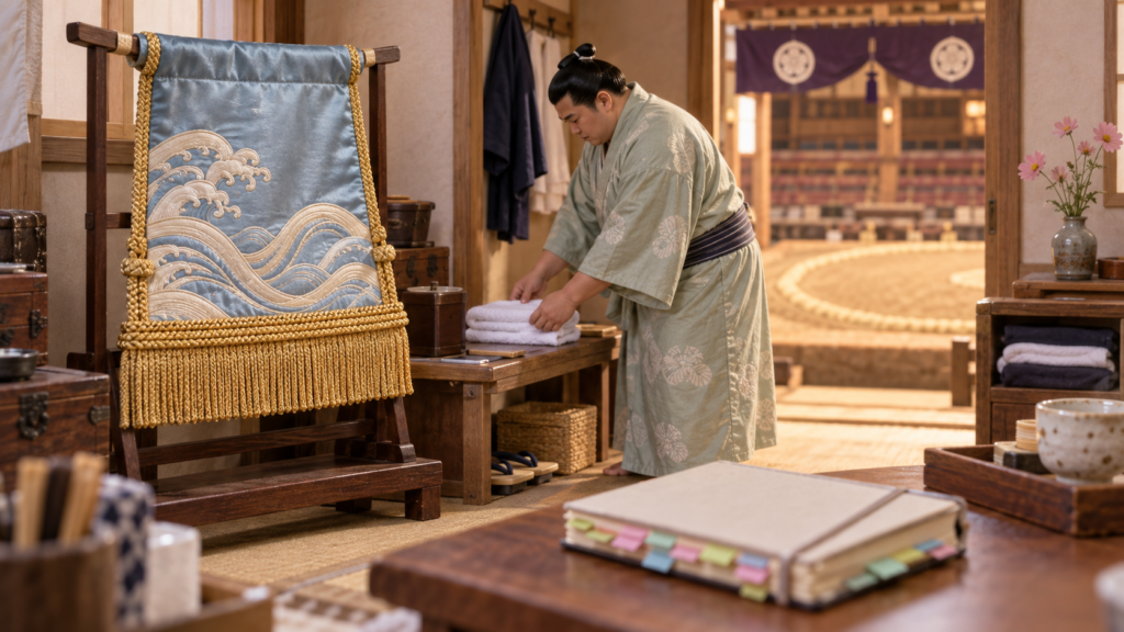 化粧まわしと観戦ノートのある控えで、準備をする新十両をイメージした力士模型